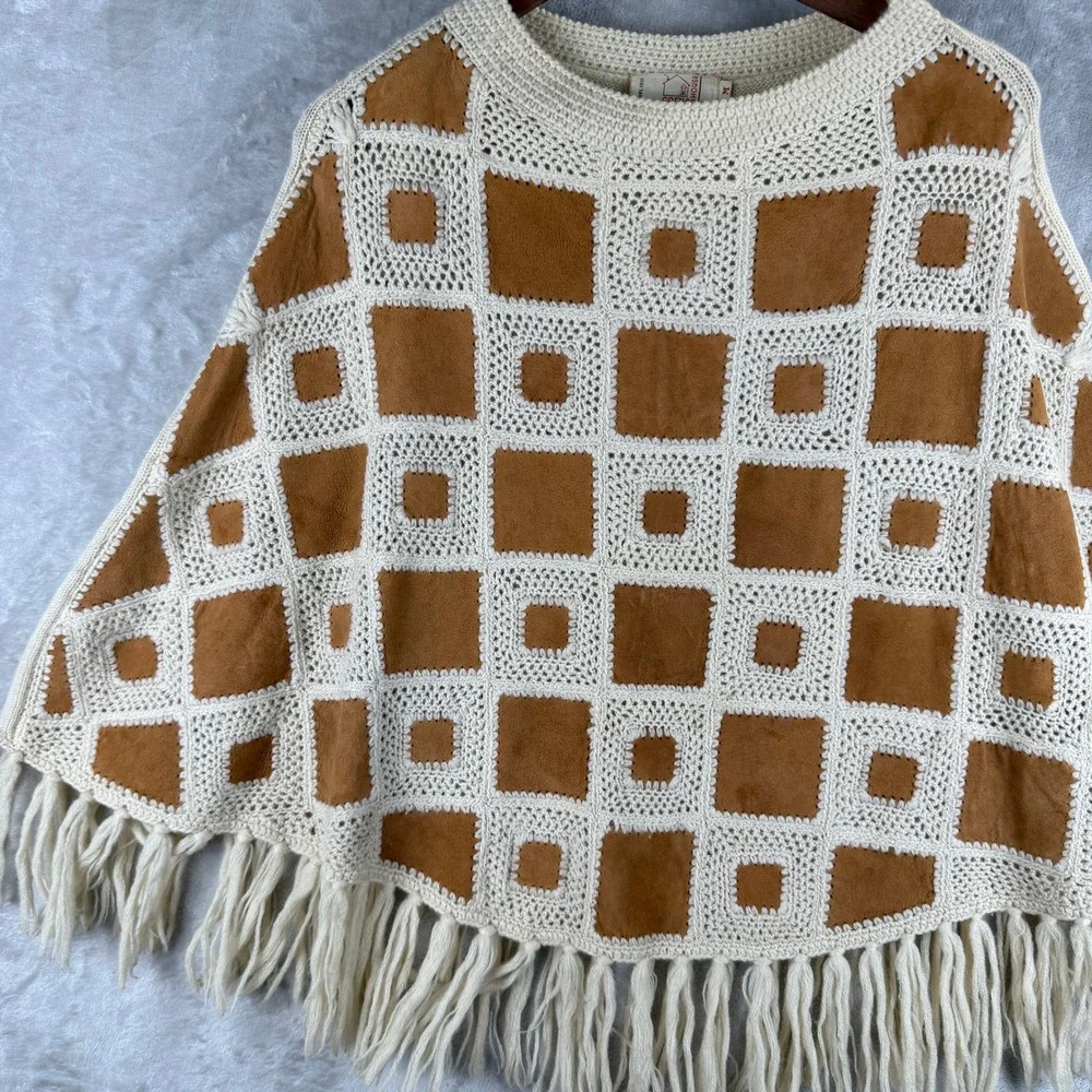 Vintage Patchwork Poncho  Wool Suede Cream Tan Fringe Boho M